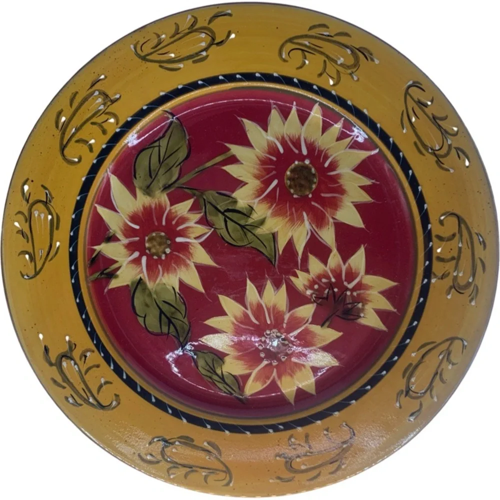 2pcs Pier 1 Sunflower Hand Painted Terracotta Dinner Plates 10 3/4
